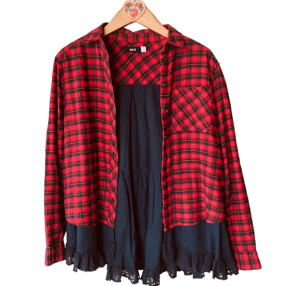 BDG Louie Flannel Plaid Lace Layered Red & Blue shacket XS - Picture 4 of 11